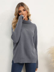 Dark Gray textured knit oversized turtleneck pullover sweater with ribbed details.