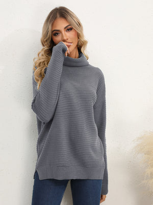 Dark Gray textured knit oversized turtleneck pullover sweater with ribbed details.