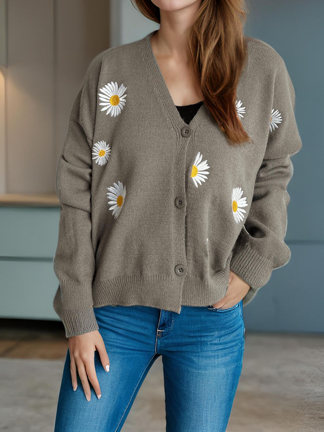 Gray oversized knit cardigan with daisy embroidery, V-neck, button front, acrylic