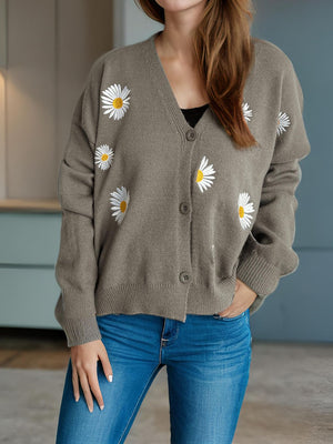 Gray oversized knit cardigan with daisy embroidery, V-neck, button front, acrylic