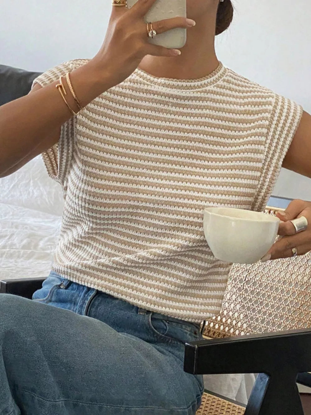 Full Size Striped Round Neck Short Sleeve T-shirt, close-up detail