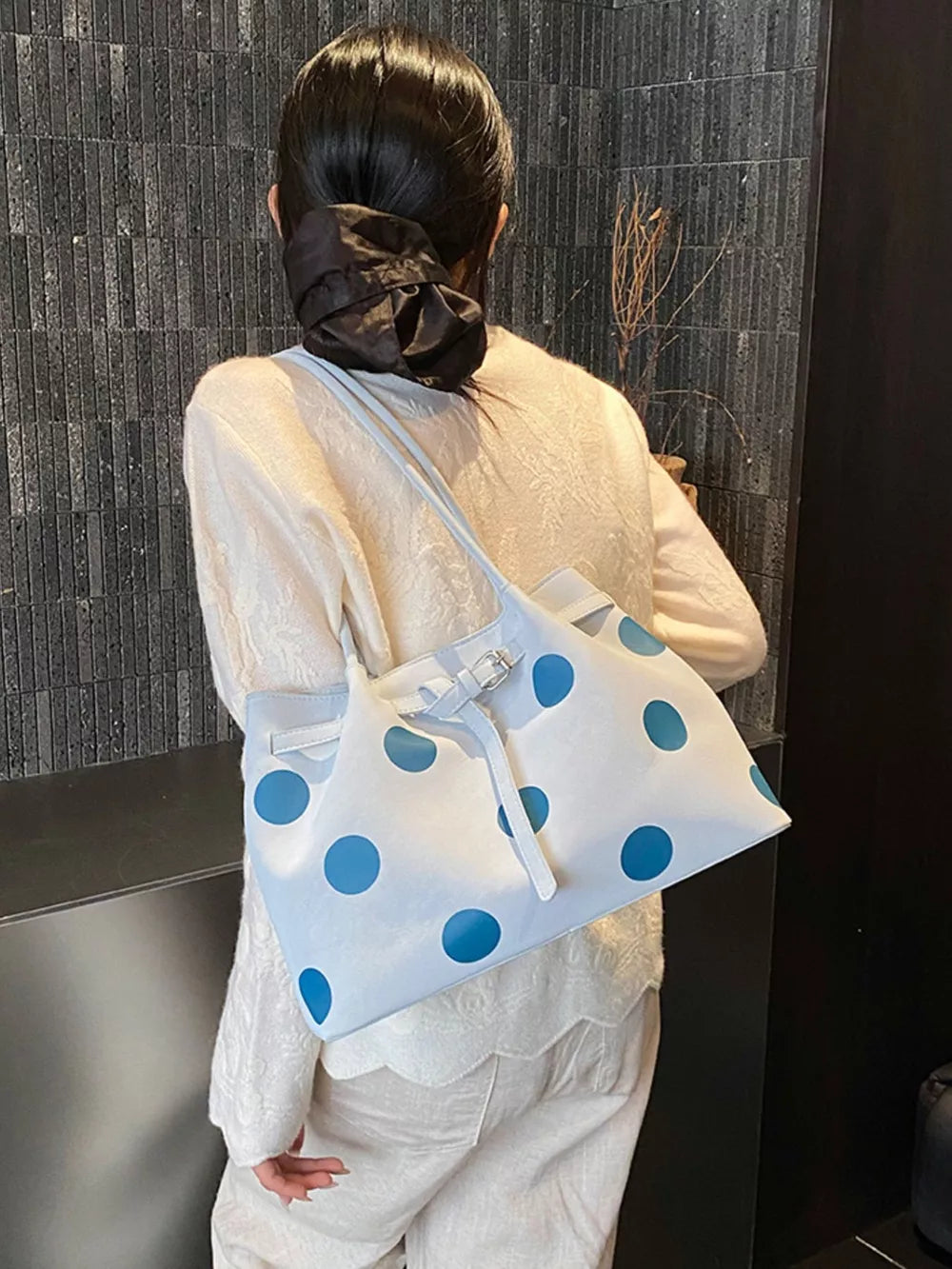 Polka Dot Medium Shoulder Bag in Pastel Blue, side view