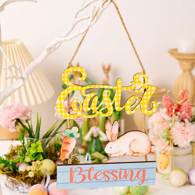 Easter wooden hanging decor with yellow gingham lettering, bunny, carrot, and Blessing sign.