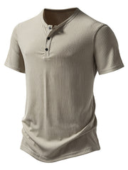 Men's ribbed khaki cotton henley t-shirt with short sleeves and button placket.