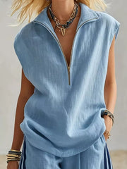 Chic Zip-front Sleeveless Top & Pleated Shorts Set