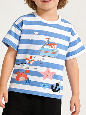 Blue and white striped cotton t-shirt with nautical print, crew neck, short sleeves.