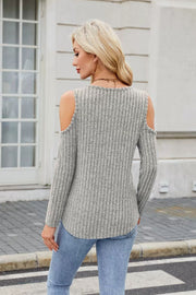 Gray ribbed cold-shoulder top with long sleeves and a ring detail at the neckline.