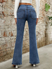 Medium wash cotton bootcut jeans with a sculpted waist and five-pocket styling.