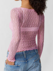 Dusty Pink floral lace blouse with scalloped edges and long sleeves.