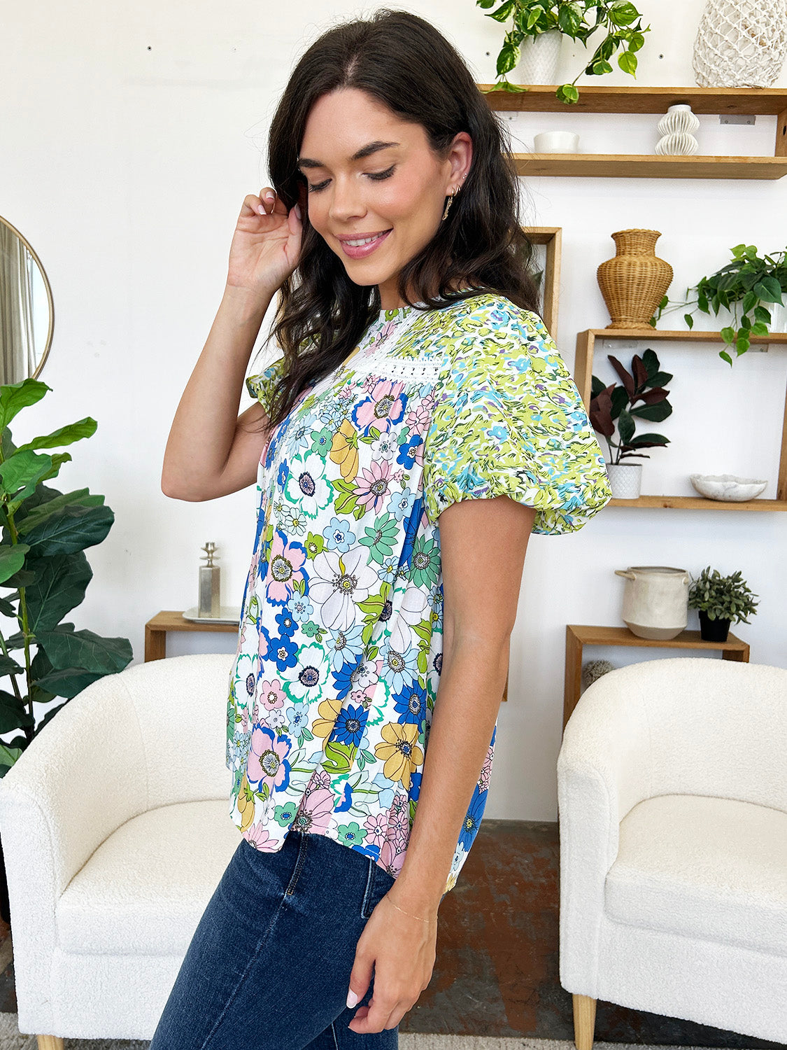 Floral patchwork blouse with puff sleeves and white lace trim, in lime and cerise colors.