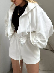 Zip Up Drawstring Outerwear And Shorts Set in White, front view