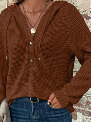 Waffle Knit Hooded Top With Drawstring in Beige, fit detail