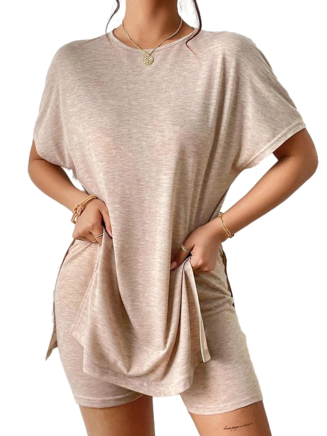 Tan drape front tee with side slits and matching shorts, casual loungewear set.