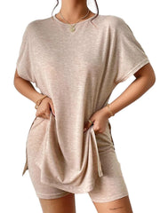 Tan drape front tee with side slits and matching shorts, casual loungewear set.