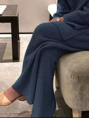 Blue ribbed knit sweater ensemble with wide-leg pants and a crewneck sweater.