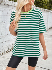Relaxed fit striped t-shirt in green and white with contrast lime green neckline.
