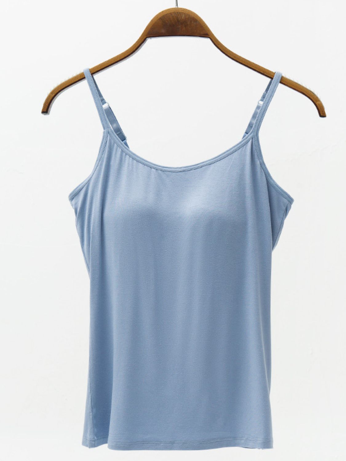 Light blue cami with built-in support and adjustable straps.