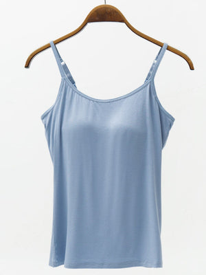 Light blue cami with built-in support and adjustable straps.