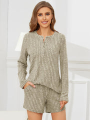 Ribbed henley lounge set in Sage with button detail and matching shorts.