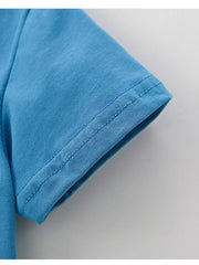 Toddler cerulean cotton t-shirt with double-stitched sleeve hem.
