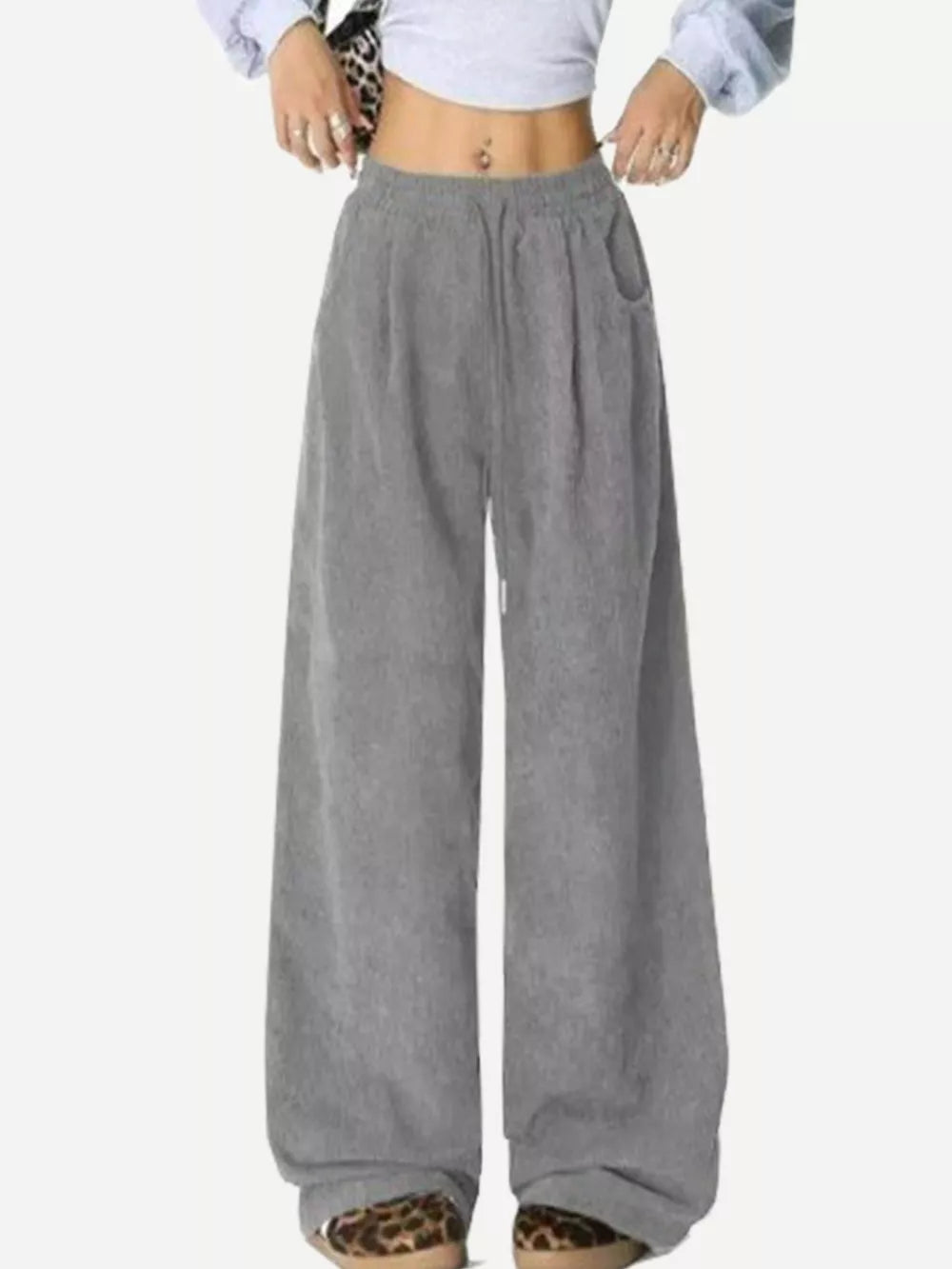 Gray corduroy maternity wide-leg trousers with drawstring waist and pockets