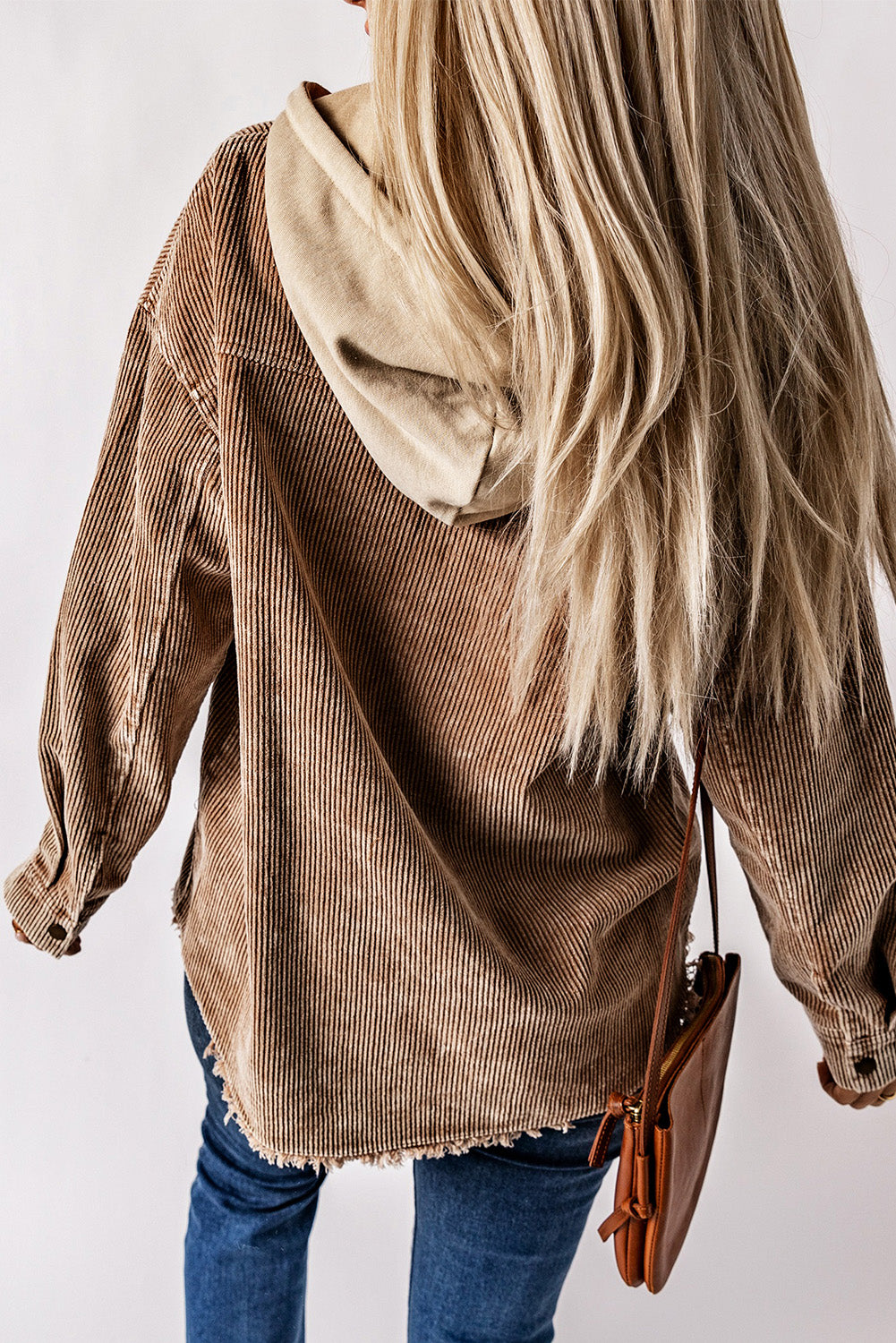 Colorblock corduroy hooded utility jacket in tan with frayed hem and tan hoodie.