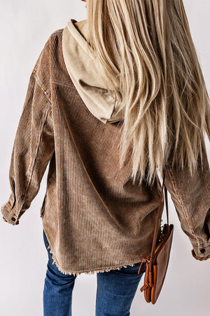 Colorblock corduroy hooded utility jacket in tan with frayed hem and tan hoodie.