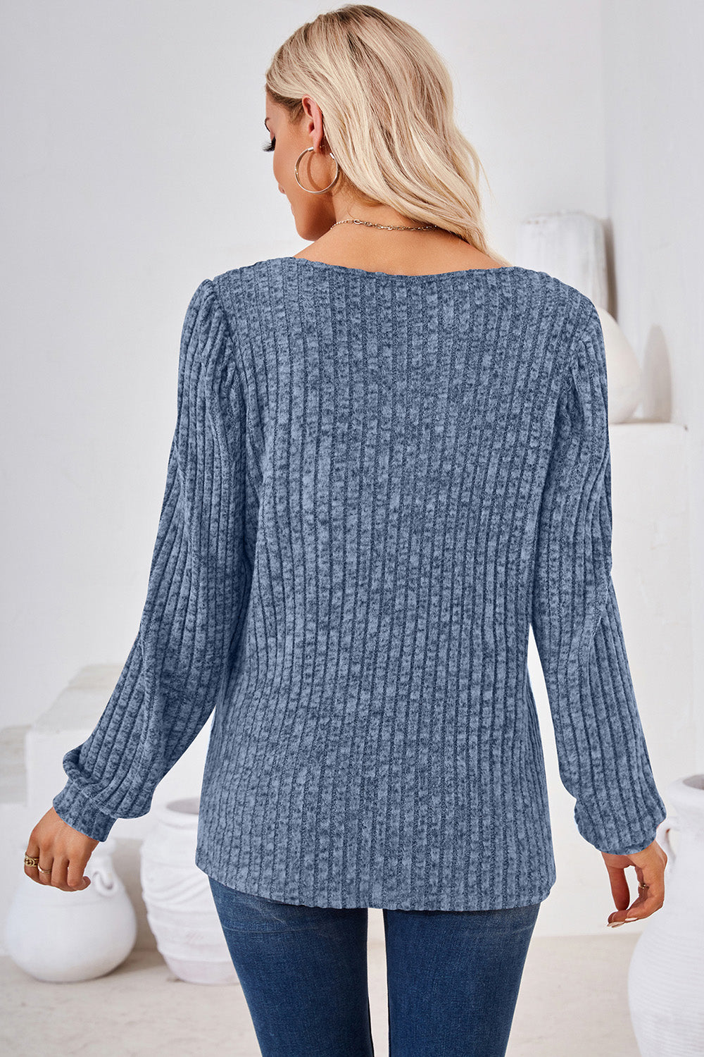 Dusty blue ribbed square neck top with puffed sleeves.