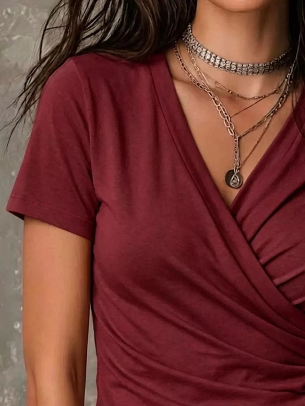 Full Size Surplice Short Sleeve T-shirt Plus Size, fabric detail