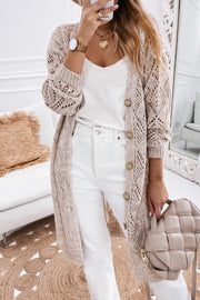 Tan openwork button-down maxi cardigan with diamond pattern and wooden buttons.