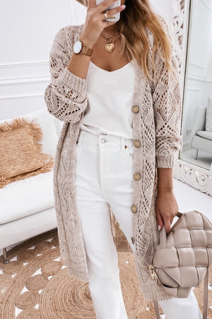 Tan openwork button-down maxi cardigan with diamond pattern and wooden buttons.