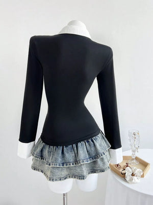 Black polo collar shirt with long sleeves and a tiered denim ruffle hem.