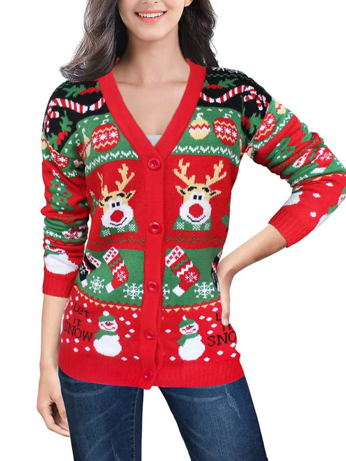 Festive Fair Isle button-up cardigan in red with reindeer, snowman, and stocking patterns.
