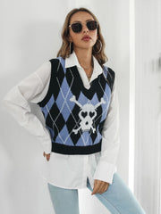 Argyle skull intarsia knit vest in black with blue and white diamonds, featuring a V-neck.