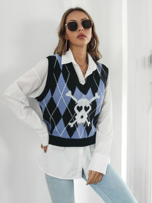 Argyle skull intarsia knit vest in black with blue and white diamonds, featuring a V-neck.