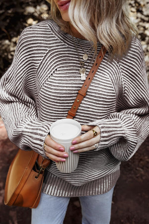 Textured stripe batwing knit sweater in taupe and white with crew neck and relaxed fit.