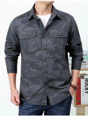 Men's Plus Size Camouflage Print Long Sleeve Shirt in Army Green, fabric detail