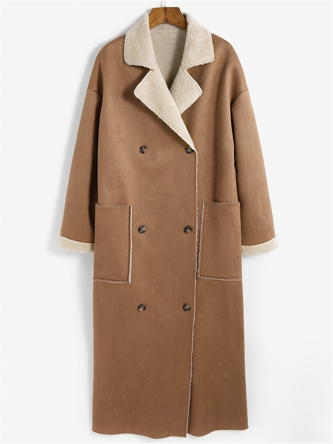 Brown reversible maxi coat with shearling trim, double-breasted closure, and patch pockets.