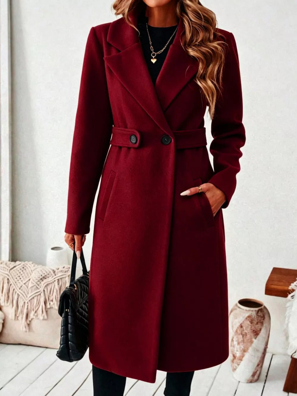 Elegant Lapel Collar Belted Trench Coat Plus Size in Gray, view 12