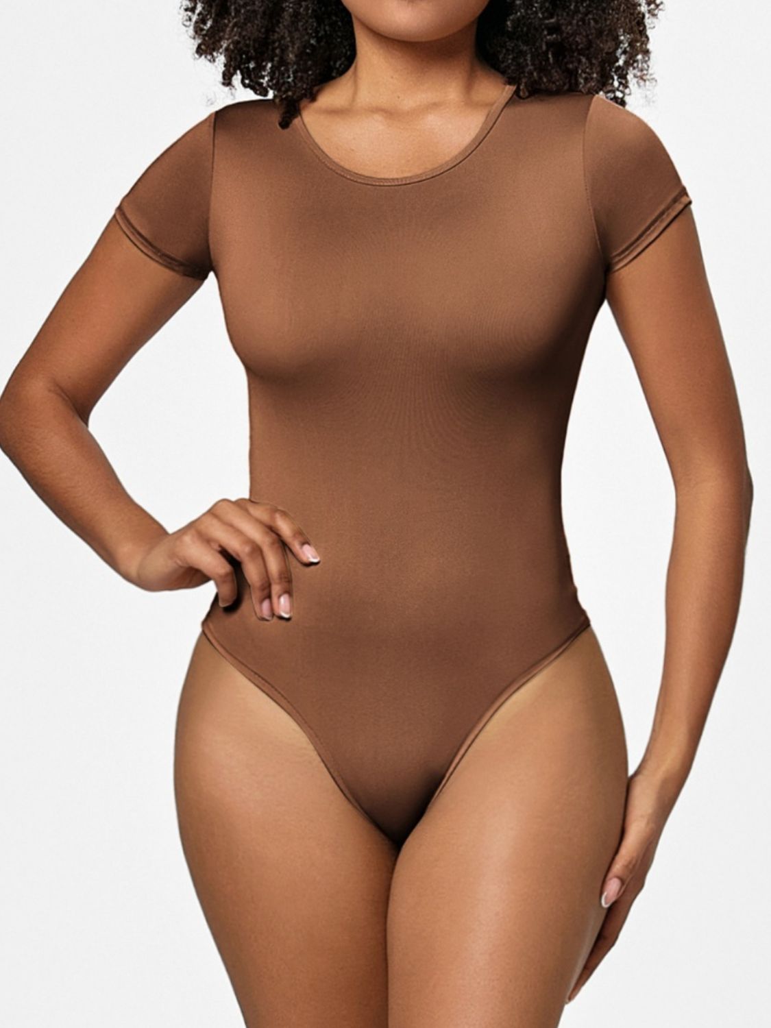 Sculpted scoop-neck bodysuit in Coffee Brown with short sleeves and a seamless fit.