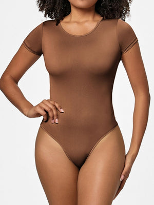 Sculpted scoop-neck bodysuit in Coffee Brown with short sleeves and a seamless fit.