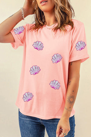 Watermelon pink t-shirt with rolled sleeves and all-over seashell sequin appliques.