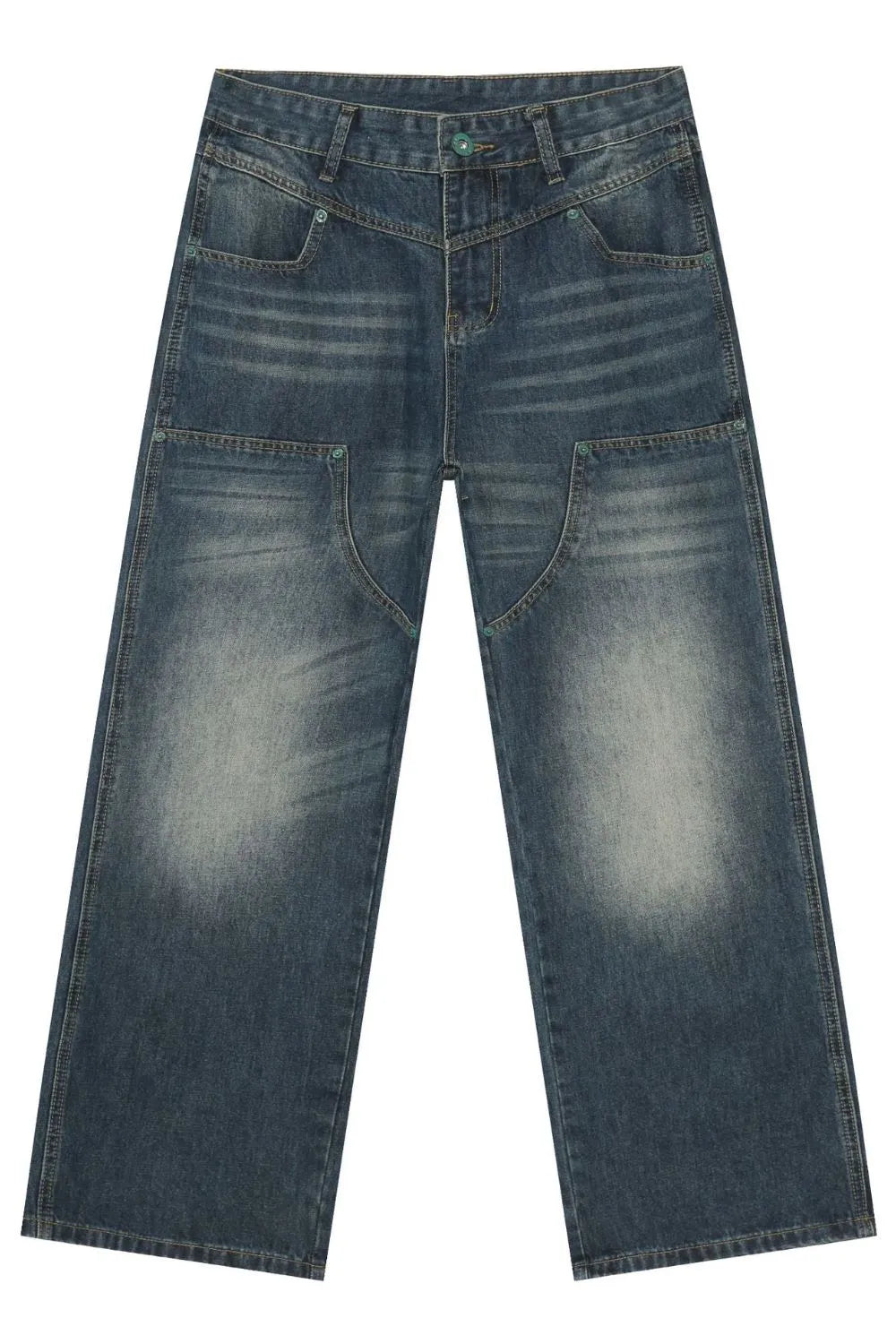 Medium wash wide-leg jeans with distressed detailing and unique pocket design