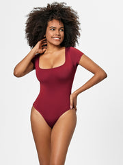 Deep Red square neck short sleeve bodysuit with a smooth finish.