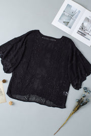 Black open-knit chevron sleeve top with a relaxed fit and wide sleeves.