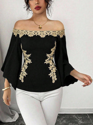 Black off-shoulder blouse with gold embroidery and bell sleeves