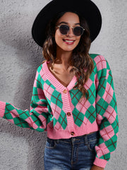 Argyle cropped cardigan in pink and green with button front and V-neck.