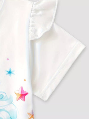 White baby one-piece with ruffle sleeves and a star and cloud print.