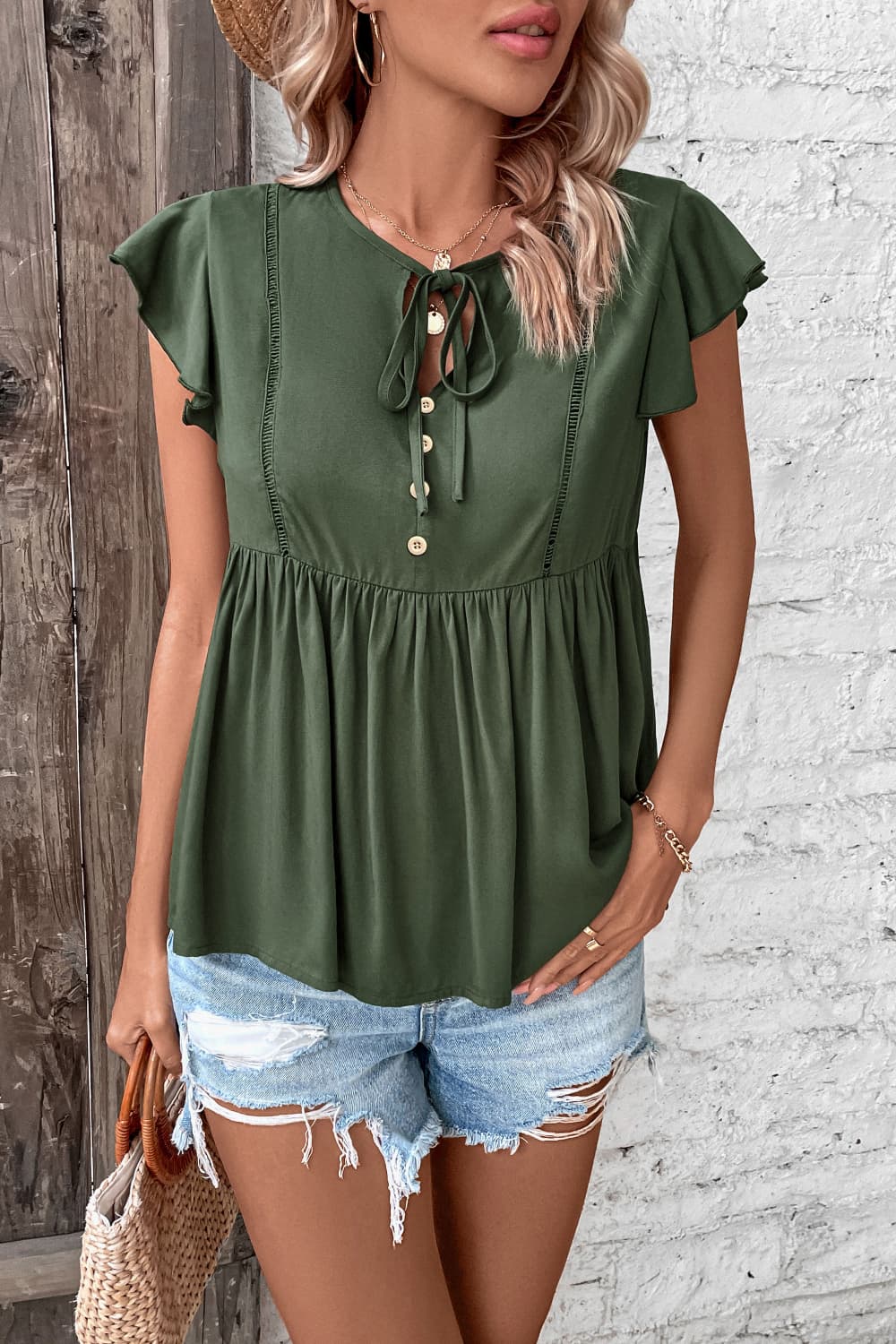 Sage tie-neck ruffle sleeve empire waist blouse with button detail