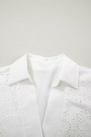 White cotton mini dress with eyelet embroidery detail and collar